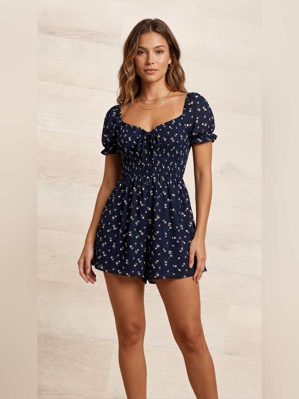 Hollister Navy Floral Smocked Romper Dress